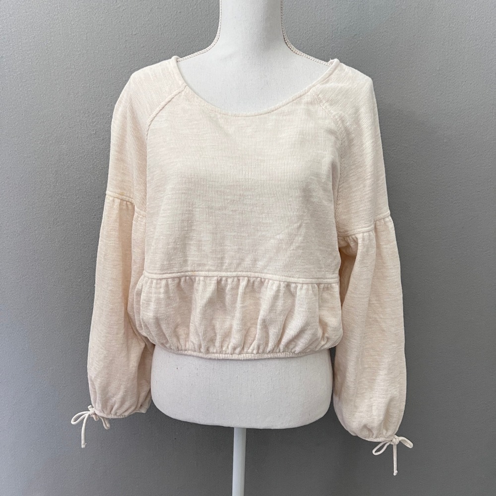 Aerie Peplum Long Sleeve Crop Top Women M Cream Waffle Balloon Cottage Renfair
